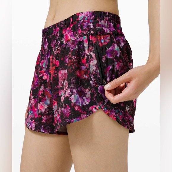 lululemon athletica Pants - Lululemon Tracker Short V 4” in Fluoro Floral Multi Pink Purple Lined Size 4